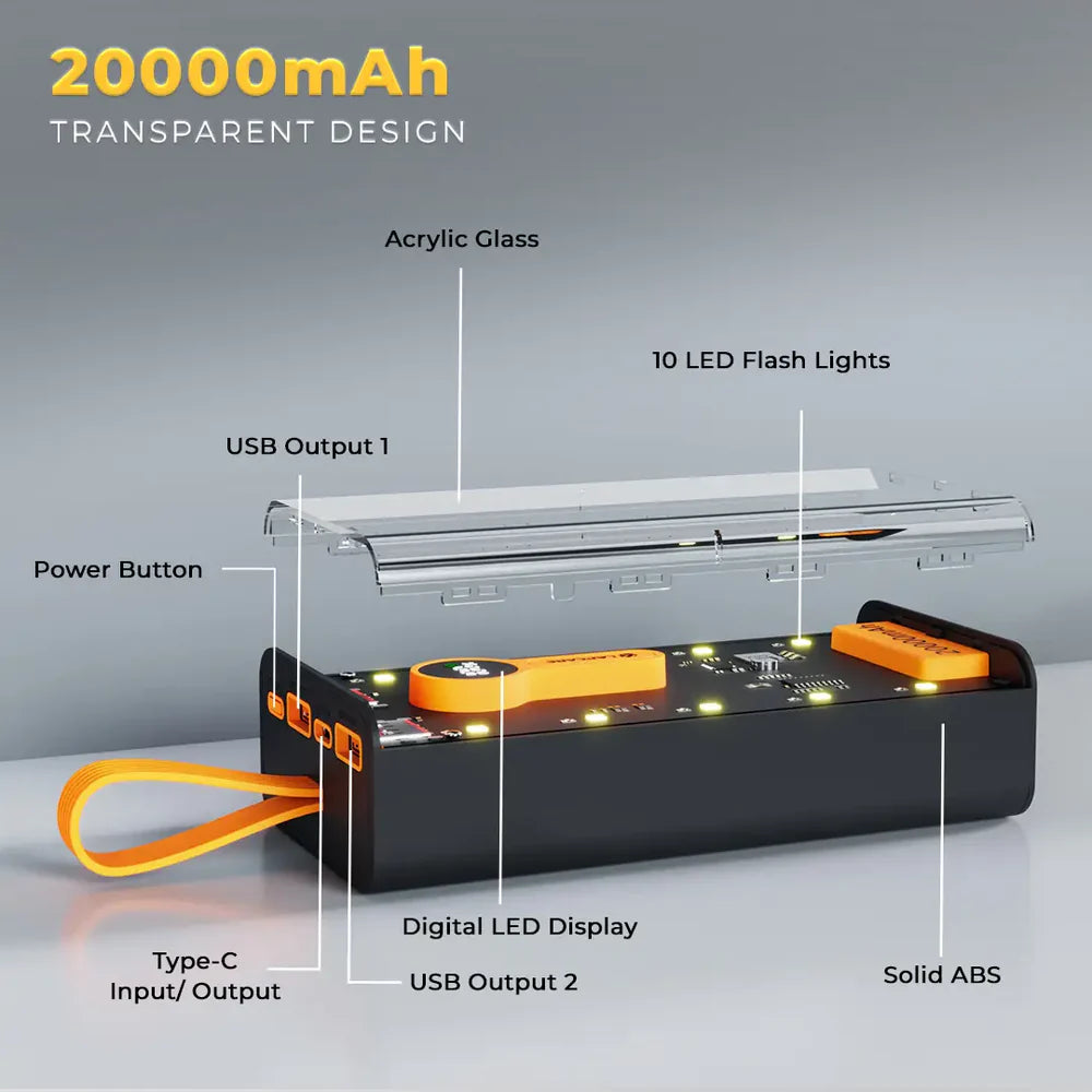 20000mAh Transparent Design Power Bank With 10 LED Flash Light(LPB-405)